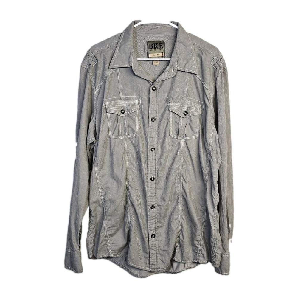 BKE Buckle Button Down Shirt Mens Size XL Slim Fit Gray White Thin Striped